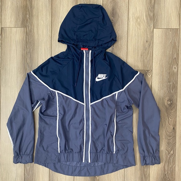 Nike Jackets & Blazers - Nike Navy Blue Hooded Full Zip Windbreaker Jacket with White Accents Size Medium